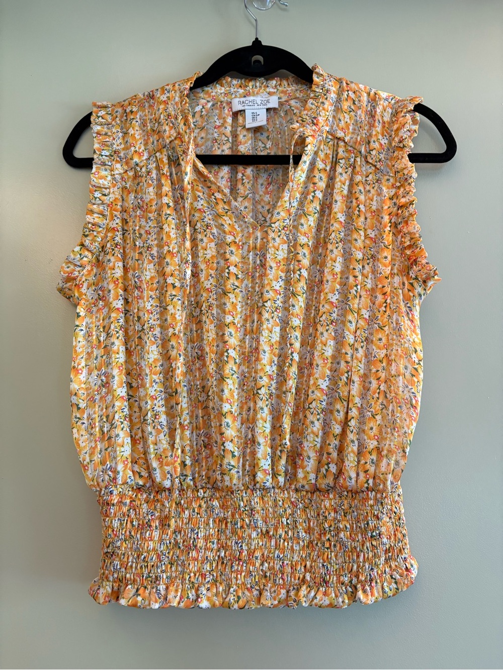 Rachel Zoe Yellow Floral Smocked-Hem Sleeveless Blouse